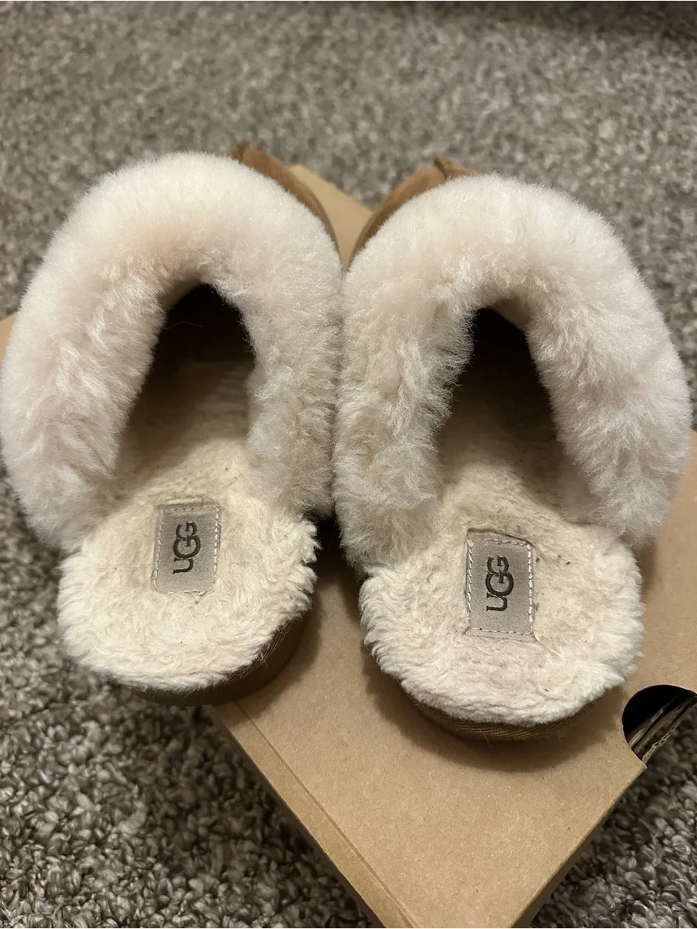 UGG Kids Chestnut Suede Slippers with Cream Sheepskin Collar